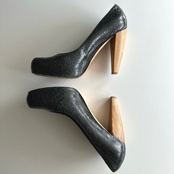 Loeffler Randall Esther Wooden Heel Pebbled Leather Black Platform Heels sz 9 - Picture 3 of 9